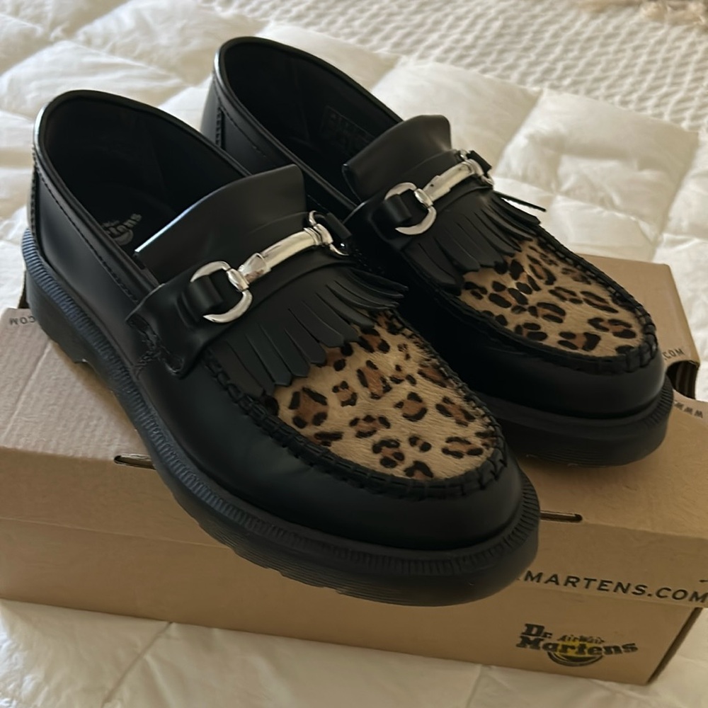 Dr. Marten Black Loafers with leopard and silver hardware detail
